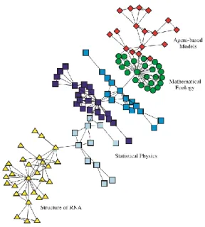 Figura 2 – Rede de coautorias de uma instituição privada com várias comunidades distintas (Newman,  Coauthorship networks and patterns of scientific collaboration, 2004)   
