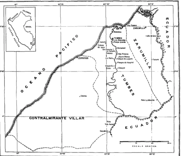 FIGURA I-Mapa  del  departamento de Tumbes, en el  que se muestra la  procedencia del  ganado  sacrificado en  el matadero de la ciudad de Tumbes