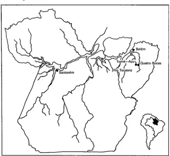 FIGURA  l-Mapa  del  estado  de  Par&amp;  Brasil,  que  indica  la  ubicación  de  las  poblaciones  donde  se  produjeron  brotes  de  virus  Oropouche