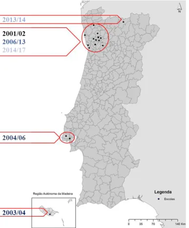 Figura 4 – Localização (concelhos de Portugal) das escolas onde a autora foi colocada entre 2001 e 2016