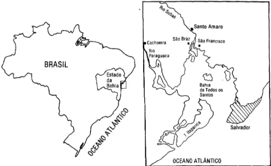 FIGURA 1.  Mapa  do Brasil  mostrando  0 estado  da Bahia e a localiza@o  de Santo Amaro