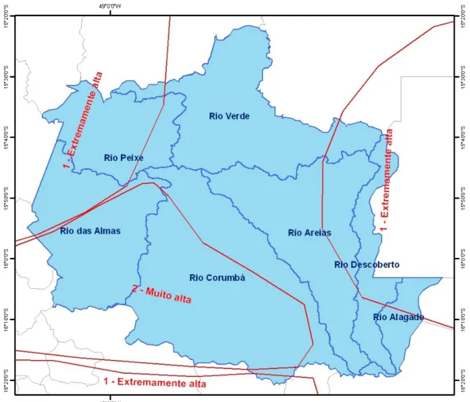 Figura 7 - Sub-bacias hidrográficas encontradas na região do EcoMuseu do Cerrado e Áreas  Prioritárias para a Conservação