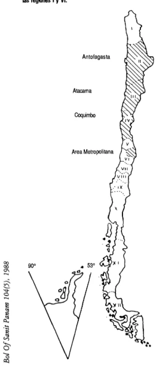 FIGURA 1. Mapa de Chile que muestra las tres  regiones y el Area Metropoliina,  de donde provenían  los pacientes estudiados