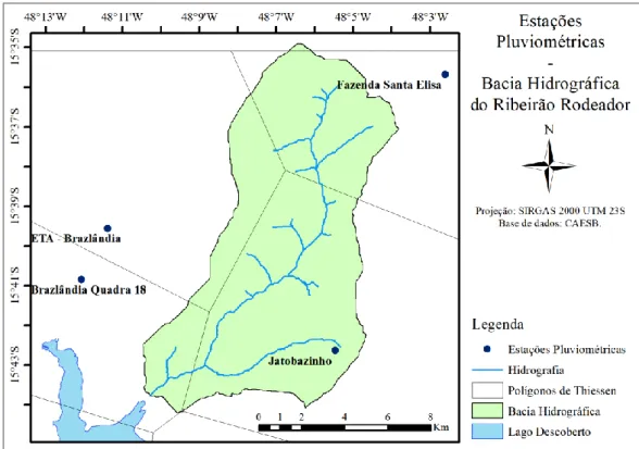 Figura 4.3 - Localização das estações pluviométricas e polígonos de Thiessen na região da  bacia hidrográfica do ribeirão Rodeador/DF