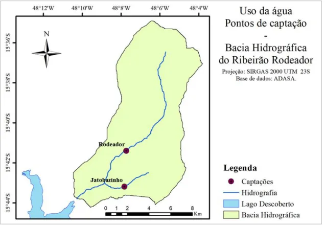 Figura 4.7 - Localização dos pontos de captação de água superficial   na bacia hidrográfica do ribeirão Rodeador/DF