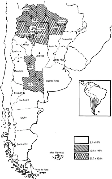 FIGURA 1.  Mapa de la Argentina que muestra las provincias con prevalencia relativamente baja,  moderada y alta de la enfermedad de Chagas, según los datos serológicos obtenidos en 1981 en  hambres de 18 años de edad