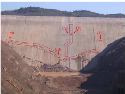 Figura 2.20 – Vista geral das trincas na barragem de Campos Novos. 