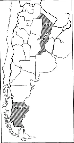 FIG.  l.-Mapa  de  la  República  Argentina  donde  se  señalan  las  zonas  y poblaciones  de  que  se  obtu-  vieron  las  muestras  del  estado  dental  de  escolares