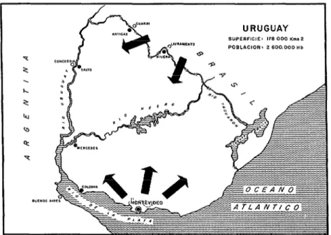 FIG.  l.-Barreras  naturales  de  protección  del  Uruguay  contra  la  invasión  y  propagación  de  la  rabia  canina