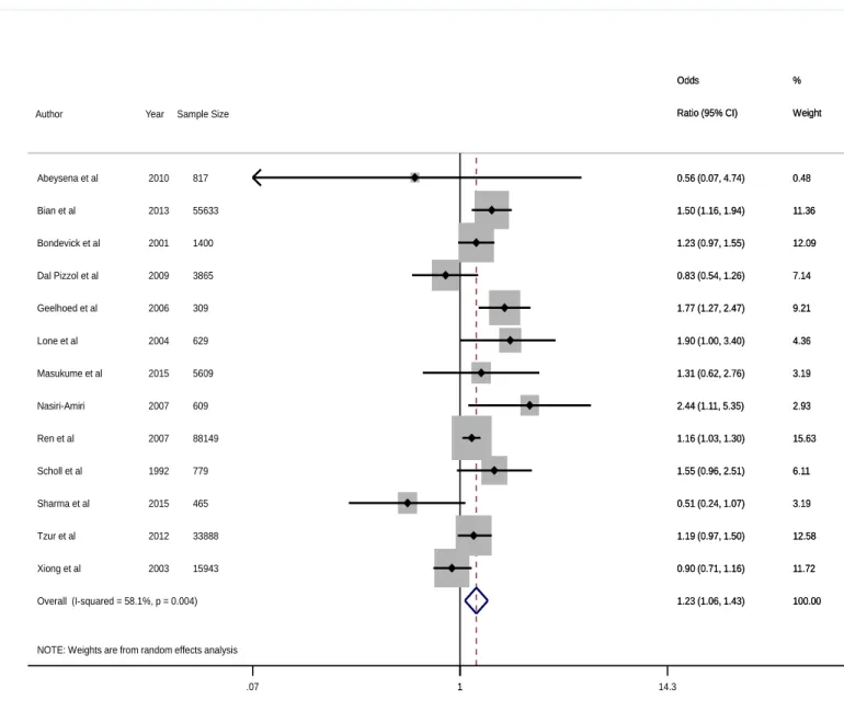 Figure 4. Meta-analysis with adjusted effect measurements for the evaluated studies and 95% 