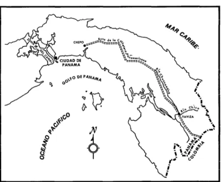 FIGURA  I-Mapa  de  la  región  oriental  de  Panamá  en  el  que  se  señala  el  trazado  de 