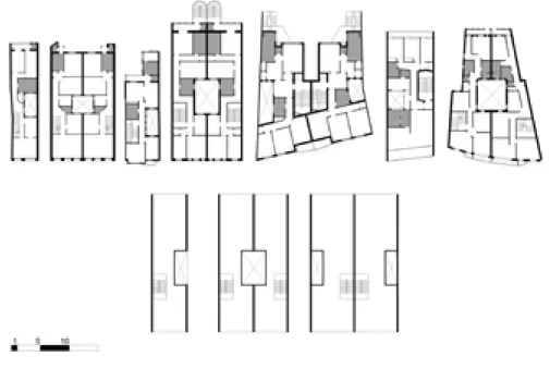 Fig. 5 – Modelos a partir do “tipo estreito  e profundo”, com saguão e escada paralela  à parede de meação