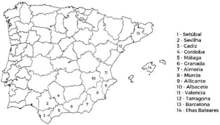 Figura  2  – Mapa  de  distribuição  de  Amphicerus  bimaculatus  em  Portugal  (a  sinalização  (•)  indica  presença) (adaptado de Baena e Zuzarte, 2013) 