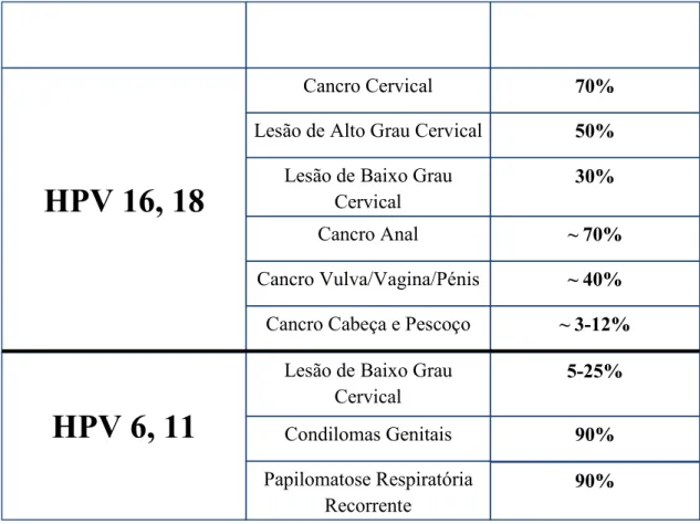 Tabela 2: Percentagem de lesões atribuídas aos tipos específicos de HPV (adaptado de  Muñoz et al., 2003)