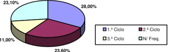 Gráfico 3 – Distribuição dos indivíduos por ciclo de escolaridade  28,00% 23,60%11,00%23,10% 1.º Ciclo 2.º Ciclo3.º CicloN/ Freq.