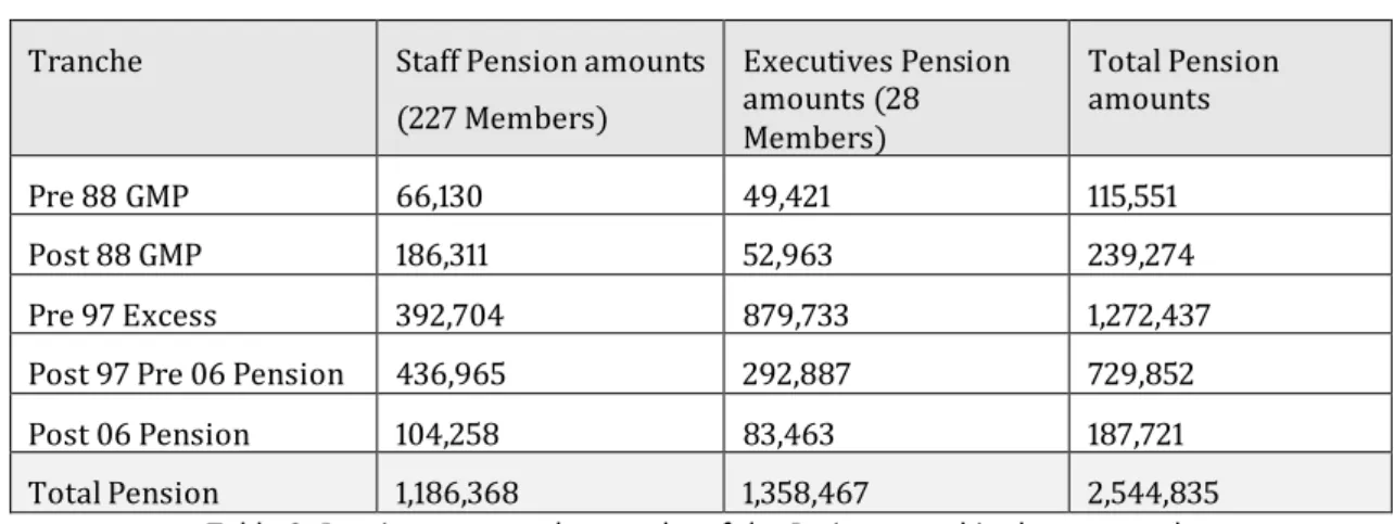 Table 3. Pension amounts by tranche of the Retirees used in the case study  Source: WTW Data 