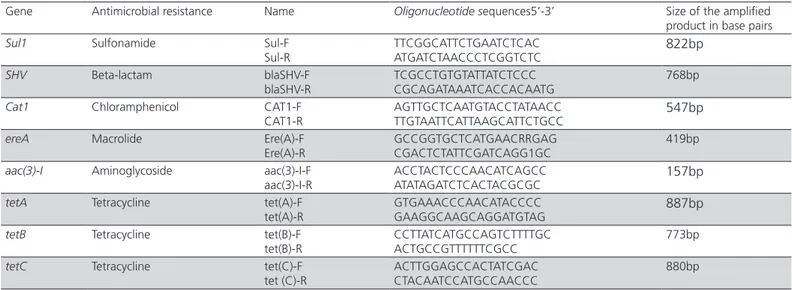 Table 2 – Detection of resistance genes in 11strains of E.coli, 9 of Staphylocccus epidermidis, 7 of Proteus mirabilis and 3 of  Manheimia haemolytica isolated fromavian cellulitis lesions in broilers carcasses stored in a refrigerator located in the state
