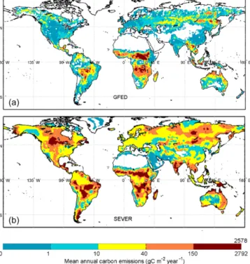 Figure 10. (a) Peak of the fire season in GFED; (b) peak of the fire season in SEVER; (c) relative mismatch between SEVER and GFED peaking month of the fire season.