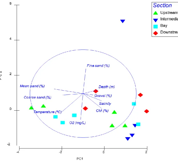 Figure 7 -  Principal Component  Analysis ( PCA) ordination based on environmental data measured   in  each of the 18 sampling stations belonging to the 4 different sections of the Tagus Estuary (Upstream,  Intermediate, Bay, Downstream section)