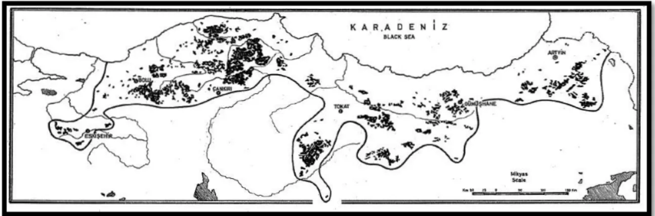 Figure 2: Natural occurrence of Scots pine in Turkey (Saatçioğlu, 1976  )