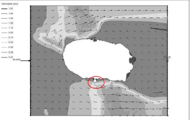 Figure  2 :  Modèle  hydrodynamique  de  la  région  périphérique  de  l’île  de  Terceira :  résultats  pour  la  direction et l’intensité des courants marins