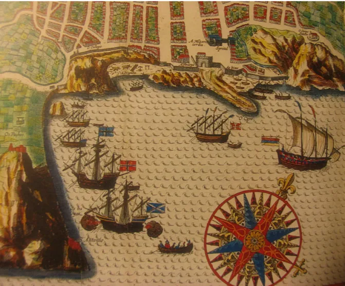 Figure 7 : Angra Urbis Tercerae, Jan Huygen Van Linschoten, 1593. Détail de la carte Insularum quas Azores  vocant máxima o copioso glasti proventu ditissa accurata cum arce delineatio Hane ob