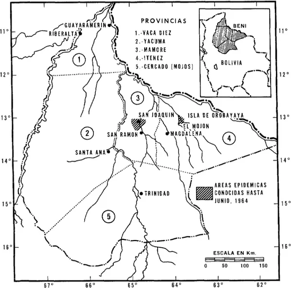 FIGURA  1  -  Areas  epidémicas  de  fiebre  hemorrágica  conocidas  harto  junio,  1964,  en  el  Departmento  del  Beni, 