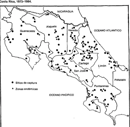 FIGURA  l-Zonas  endémicas  de  leishmaniasis  cutanea  y  sitios  de  captura  de  flebótomos,  Costa  Rica,  1973-1984