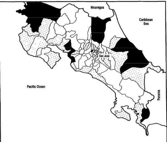 Figure  2.  Geographic  distribution  by  canton  of areas of  relative  risk  for  invasive  cervical  cancer  in  Costa  Rica,  1980-I  983