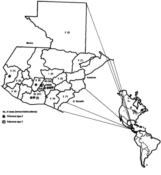 FIGURE 3.  Geographic distribution  of the  study  children,  showing  the  number  of these  children  in  each de-  partment,  the  number  unvaccinated  against  poliomyelitis  (in  parentheses),  the  number  found  infected  with  Sabin-like  type  2 
