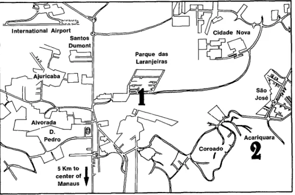 FIGURE  1.  A map of the outskirts of Manaus showing the two collection sites.  International  Airport  Santos  Parque  das  Laranjeiras  5 Km to  center  of  ,  Manaus 