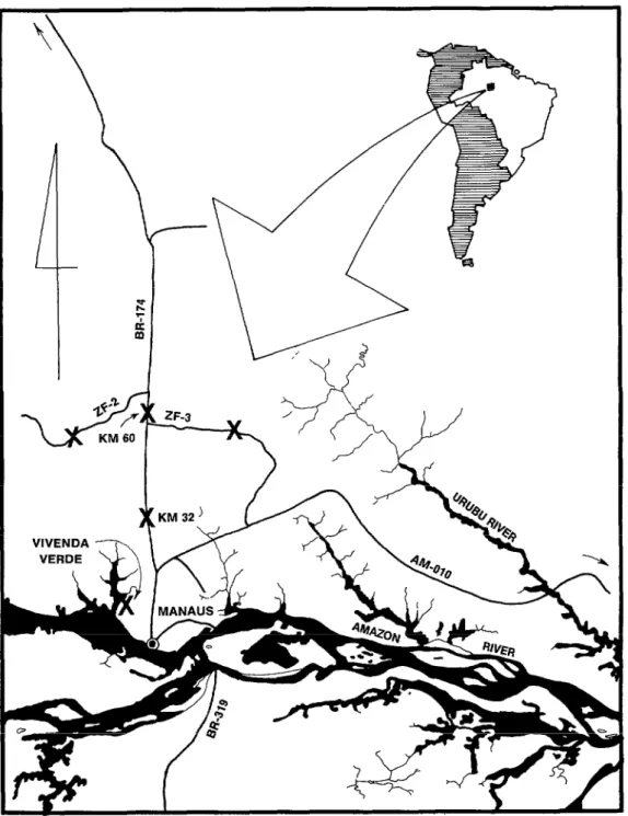 FIGURE  2.  A map of the ama around Manaus showing where the five human cases of Le. m