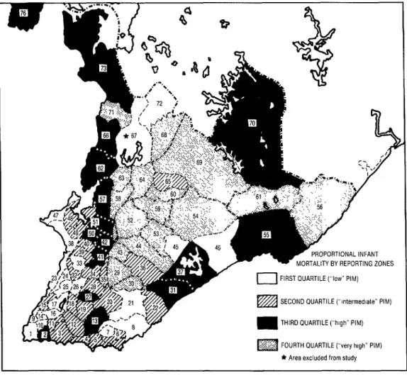 FIGURE 1.  Proportional infant  mortality  in the city  of Salvador,  1980,  by reporting  zone quartiles