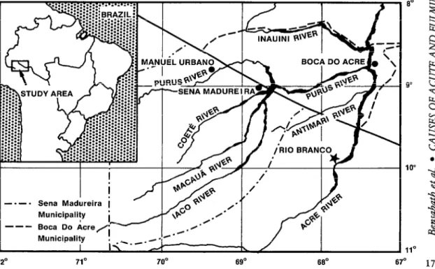 FIGURE 1.  A map showing the town af  Boca do Acre and the study area municipalities of Bow  do Acre and Sena  Madureira, and their location in Brazil