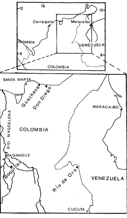 FIGURE  1.  A map of Colombia and Venezuela showing the study areas. 