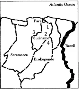Figure  1.  A  map  of  Northeast  Suriname  show-  ing  the  locations  of  (1) the  state-run  abattoir,  (2)  the  Suralco  dairy  farm,  (3) Tibiti,  and  (4) Ba-  boenhol