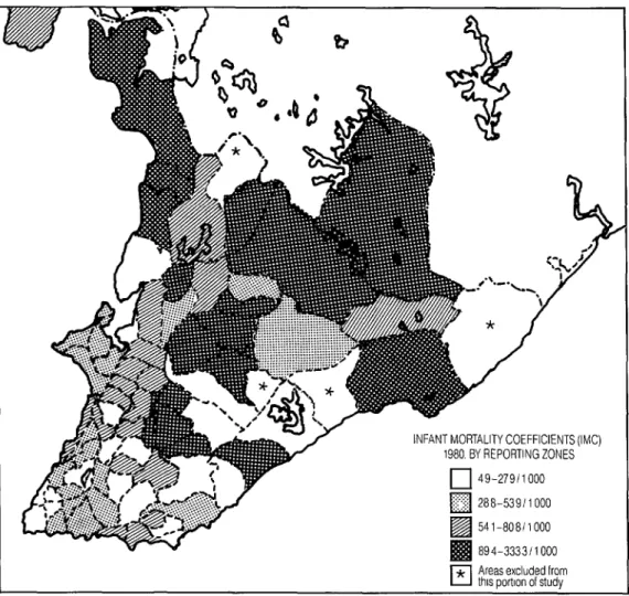 Figure  3.  1980  infant  mortality  coefficients  in  Salvador  by  reporting  zones,  showing  zones  in  different  quartiles  (“low”  =  4.9-27.9  infant  deaths  per  1  000  live  births,  “intermediate”  =  28.8-53.9,  “high”  =  54.1-80.8,  “very  