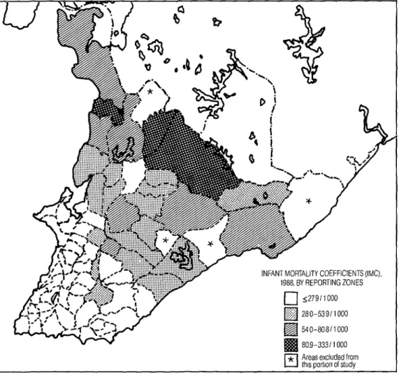 Figure  4.  1988  infant  mortality  coefficients  in  Salvador  by  reporting  zones,  showing  zones  below  the  maximum  values  of  the  former  (1980)  quartiles  (“low”  5  27.9  infant  deaths  per  1  000  live  births,  “intermediate”  =  28.0-53