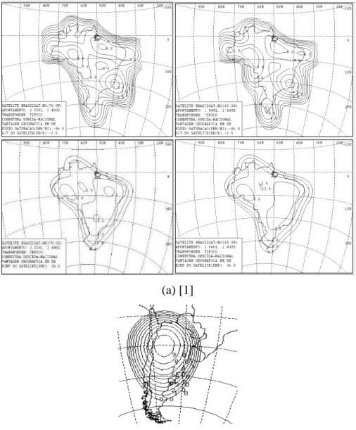 Figura 2.4 - (a) e (b) – Regiões de maior intensidade de sinal de transmissão dos Satélites  B1 e B2 sobre o Brasil