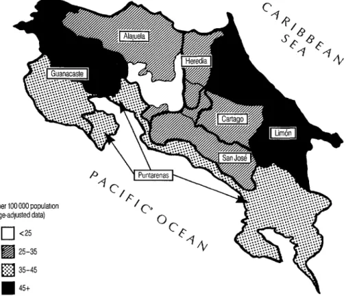 Figure  1.  Invasive  cervical  cancer  incidence  in  Costa  Rica  by  region,  1979-  1983,  age-standardized  per  100  000  population  (based  on  a  map  published  in  Sierra  et  al.-4)