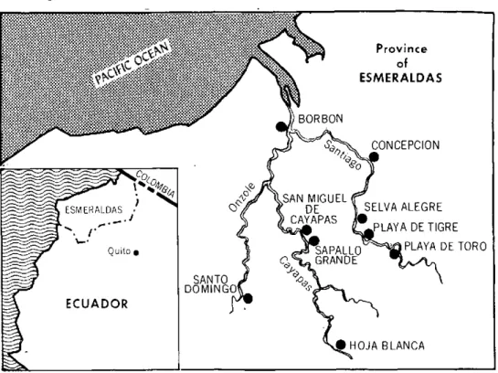 Figure  1.  Distribution  of  localities  found  positive  to  onchocercosis  in  Ecuador.