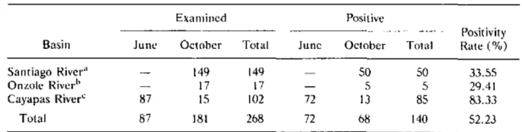 Table  1.  Results  of  observations  made  in localities  in the three  river basins  in Ecuador,  1980.