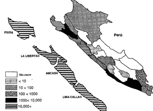 Figura  2. Areas  afectadas  por el  cólera  en  el  Perú, hasta el  20 marzo  1991, por Departamento.