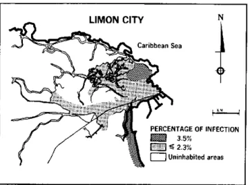 Figure  1. Percentage  of  bancroftian  filariasis  infection in  urban areas of  Puerto Limón,  Costa  Rica.