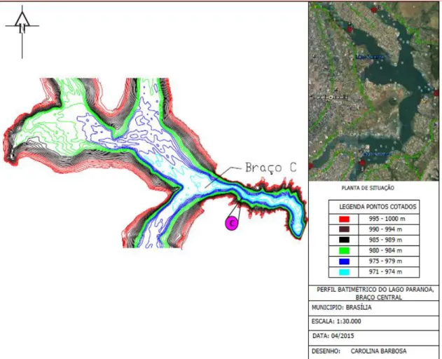 Figura 4-8: Mapa de batimetria do braço Central do lago Paranoá. Adaptado de CAESB  (2003)