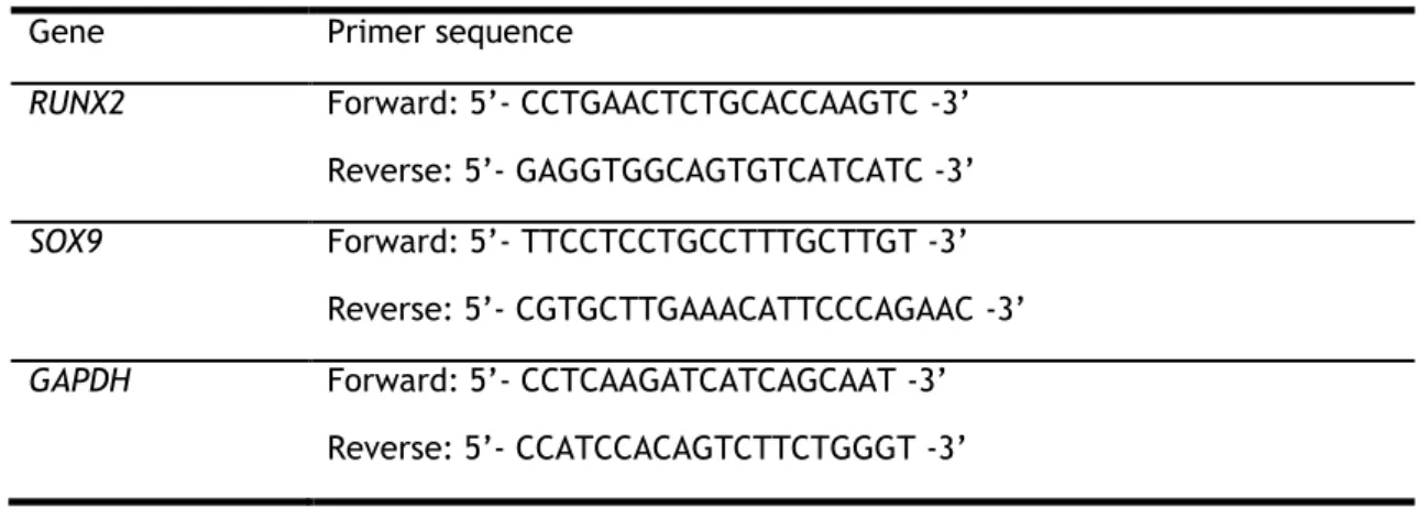 Table  2.1  -  Sequence  of  the  primers  used  in  the  RT-qPCR  analysis  performed  on  MSC,  for  the  genes  RUNX2, SOX9 and GAPDH