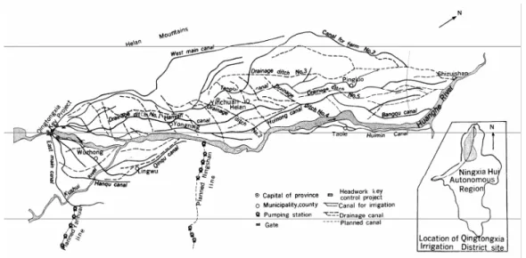 Figura 5 –  Mapa esquemático do sistema de rega de Qingtongxia (QIS) e do perímetro de rega de Huinong  (HID) (Fonte: Cai et al., 2003)