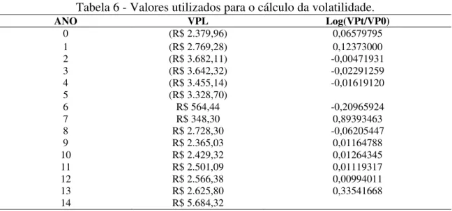 Tabela 6 - Valores utilizados para o cálculo da volatilidade. 