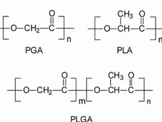 Figura 4. Estrutura química dos polímeros do ácido glicólico (PGA), do ácido  lático (PLA) e do copolímero do ácido lático e glicólico (PLGA)