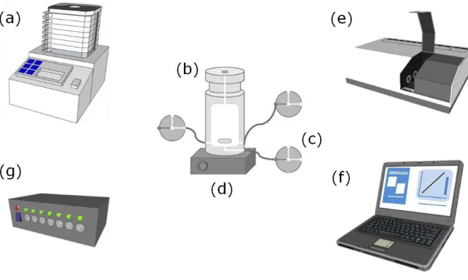 Figura 1.3 – Esquema ilustrativo dos principais componentes do FBA. (a) bomba  peristáltica,  (b)  câmara  de  mistura,  (c)  válvulas  solenoides,  (d)  agitador  magnético, (e) sistemade detecção, (f) computador e (g) acionador de válvulas
